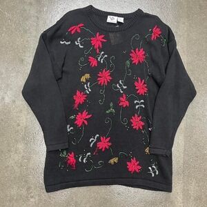 Vintage Nut Cracker Embroidered Floral Size Large Cotton Pullover Sweater